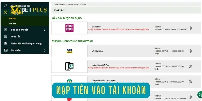 Nạp tiền vào cổng game V9bet để tham gia đặt cược